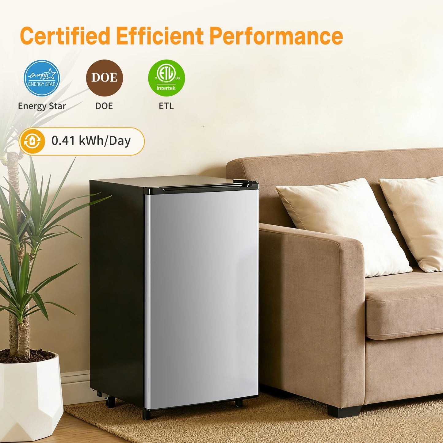KMFurnila Mini Fridge with Freezer, 3.2 Cu.Ft Mini Refrigerators, Small Beverage Fridge with Adjustable Thermostat, for Bedroom, Office, Dorm, Single Door, Quiet & Energy Saving, Silver