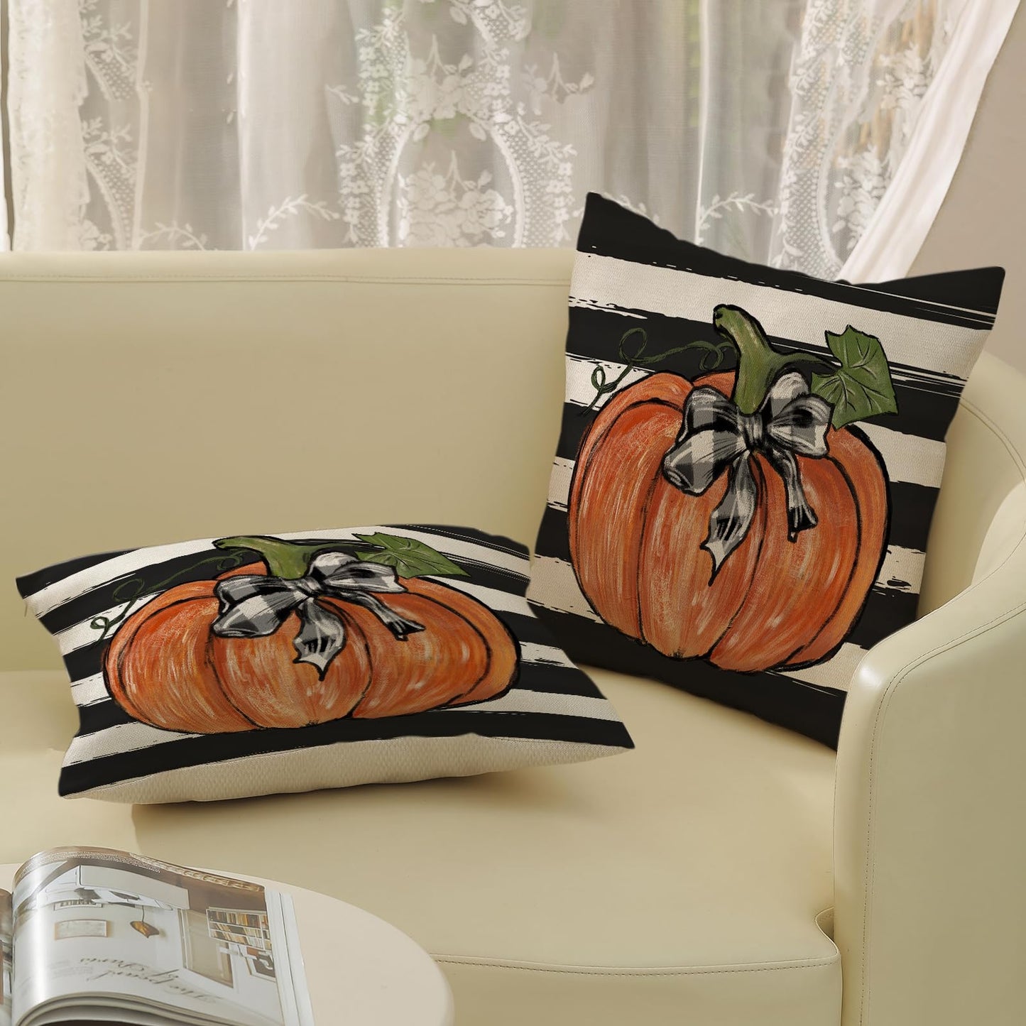 Gohdiwh Fall Pillow Covers 18x18 Set of 2 Pumpkin Maple Leaves and Stripes Fall Decor Pillowcase Linen Autumn Thanksgiving Decorative Outdoor Throw Pillow Covers Farmhouse Cushion Case for Couch Home