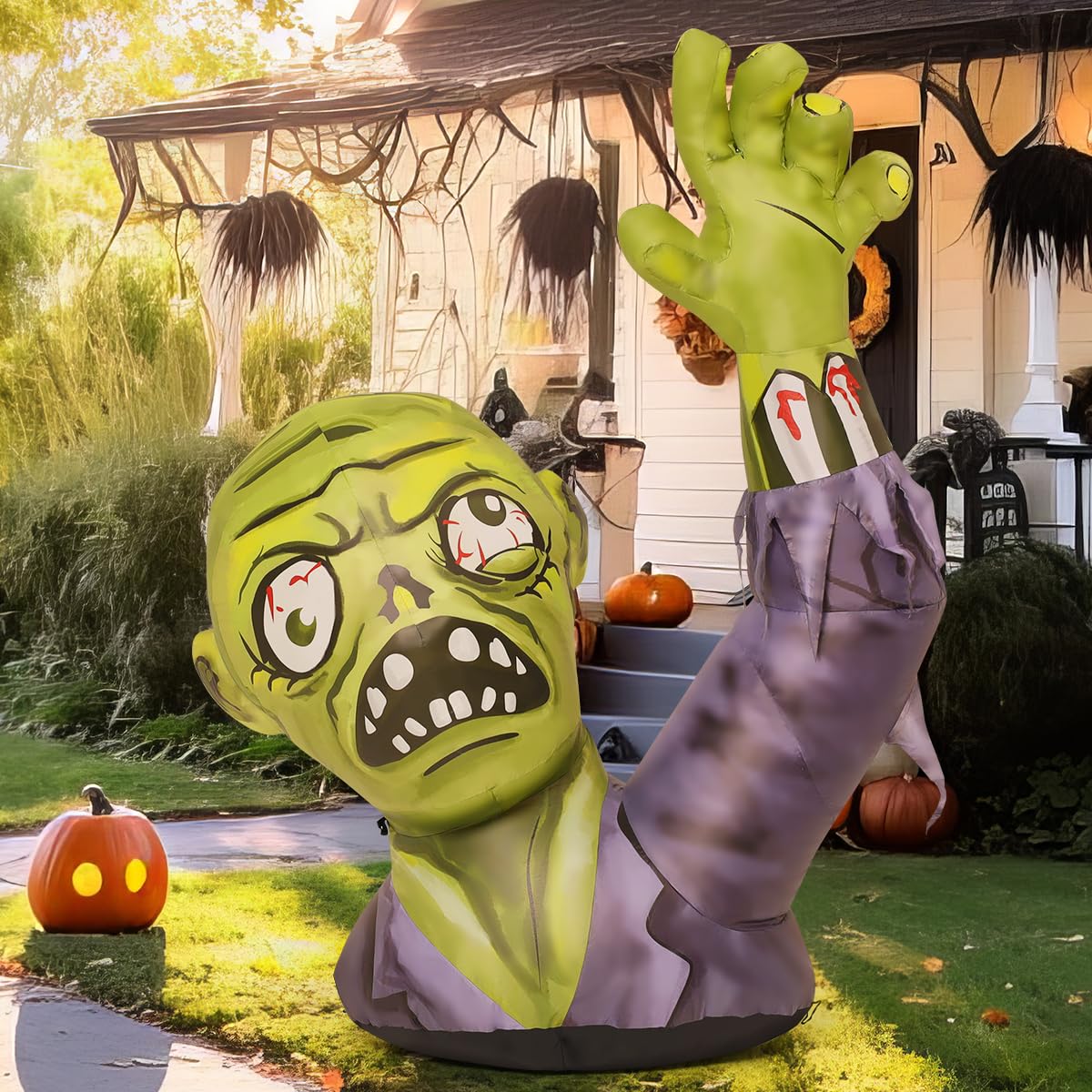 GOOSH 5.2 FT Halloween Inflatables Zombies Outdoor Decorations Blow Up Yard Terror Green Zombies Raise Hands with Built-in LEDs for Garden Lawn Indoor Decor