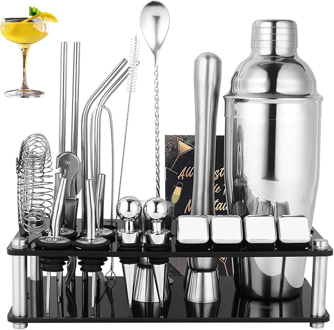 25-Piece Cocktail Shaker Set, Stainless Steel Bartender Kit with Acrylic Stand & Cocktail Recipes Booklet, Professional Ba...