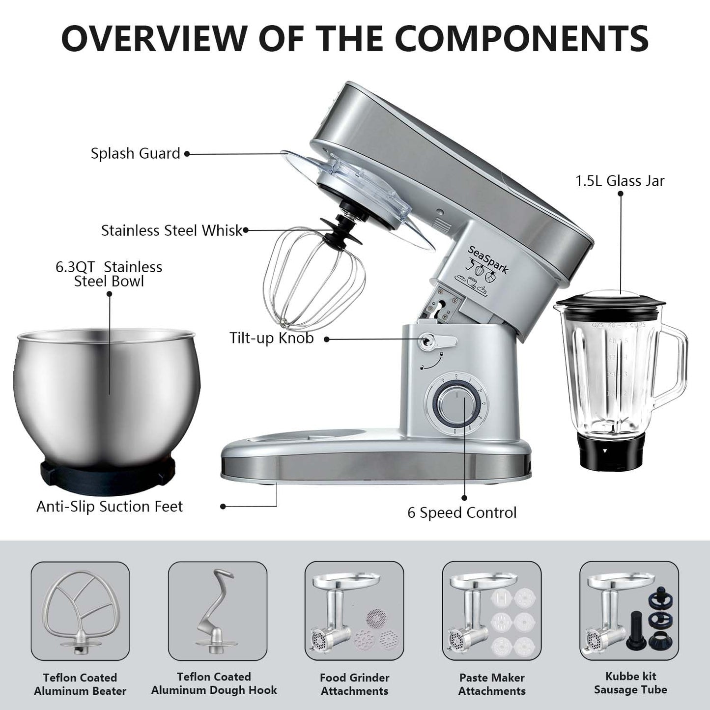SeaSpark Multifunctional Stand Mixer, 6 in 1 Stand Mixer, 6.3Qt Tilt-head, Standing Mixer with Stainless Steel Bowl, Meat Grinder, Juice Blender, for professional Baking and Most Home Cooks, Silver