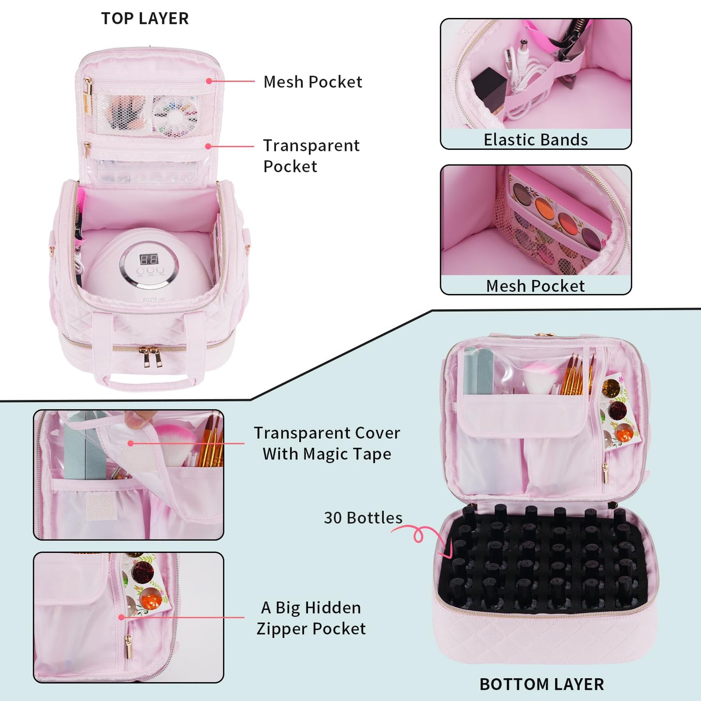 VOFIpremiAm Nail Polish Organizer Case Fits Nail Lamp and 40 Bottles,Nail Organizers and Storage for Nail Tech Travel,Pretty Nai