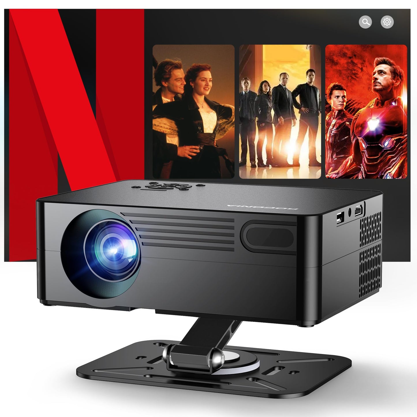 【Compatible with Netflix & 180° Stand】Smart Projector with WiFi and Bluetooth, AI Auto Focus & Keystone Portable Movie Projector, Native 1080P 4K Support Home Theater Outdoor Proyector-Black