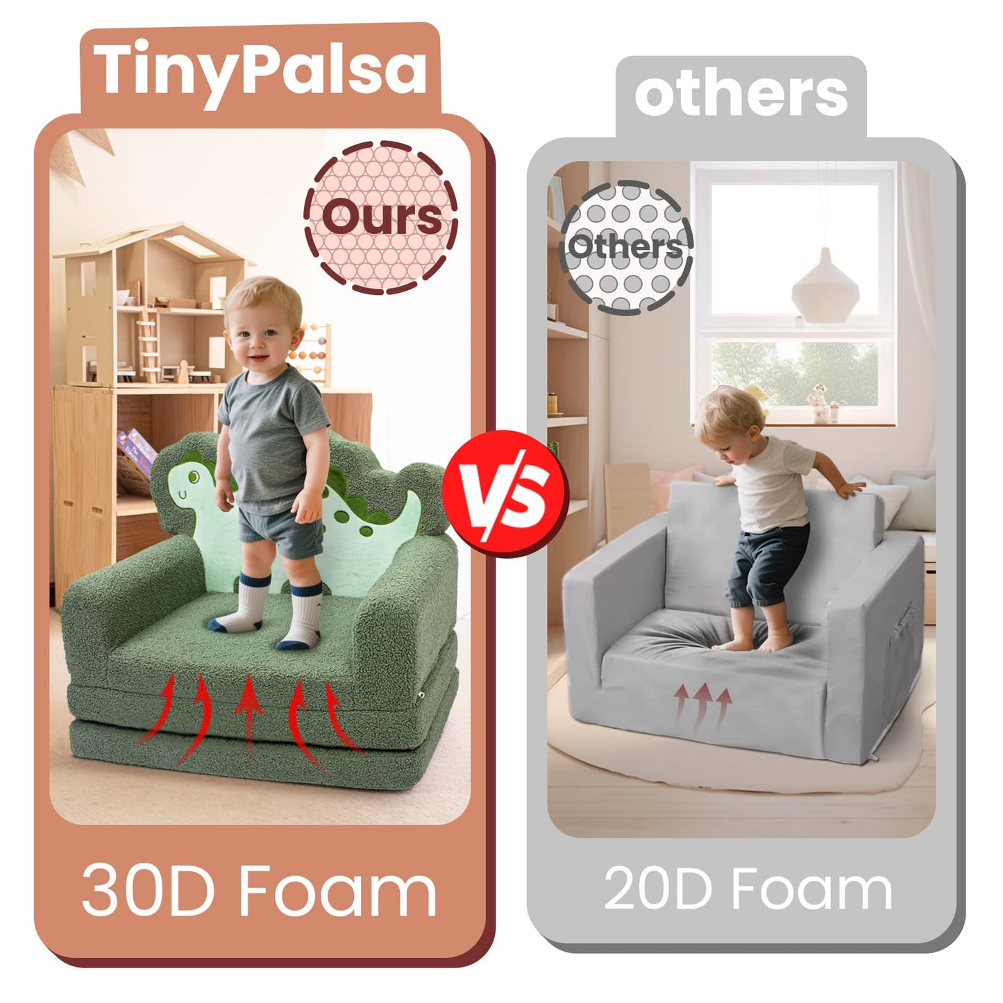 TinyPalsa Kids Couch, Convertible Sofa to Lounger Fold Out, Green Dinosaur Design Chair for Toddlers 1-3, Gift for Movie Night, Camping, and Napping