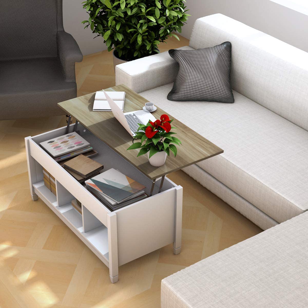 Tangkula Wood Lift Top Coffee Table, Modern Tea Storage with Hidden Compartment and Open Storage Shelf for Living Room Office Reception Room, Lift Center Table (White)