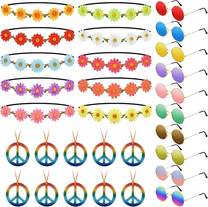 NEBURORA 30Pcs Hippie Accessories 60s 70s Hippie Costume Accessories Set Daisy Headband Peace Sign Necklaces Hippie Sungla...