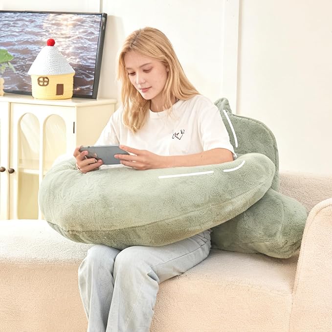 PAJEO Reading Pillow for Bed,U Shaped & Back Support Pillow for Bed,19" Backrest with Lumbar & Arm Support,Luxurious Faux Rabbit Fur,Gaming PillowFor Crochet/Reading/Watching TV,Green
