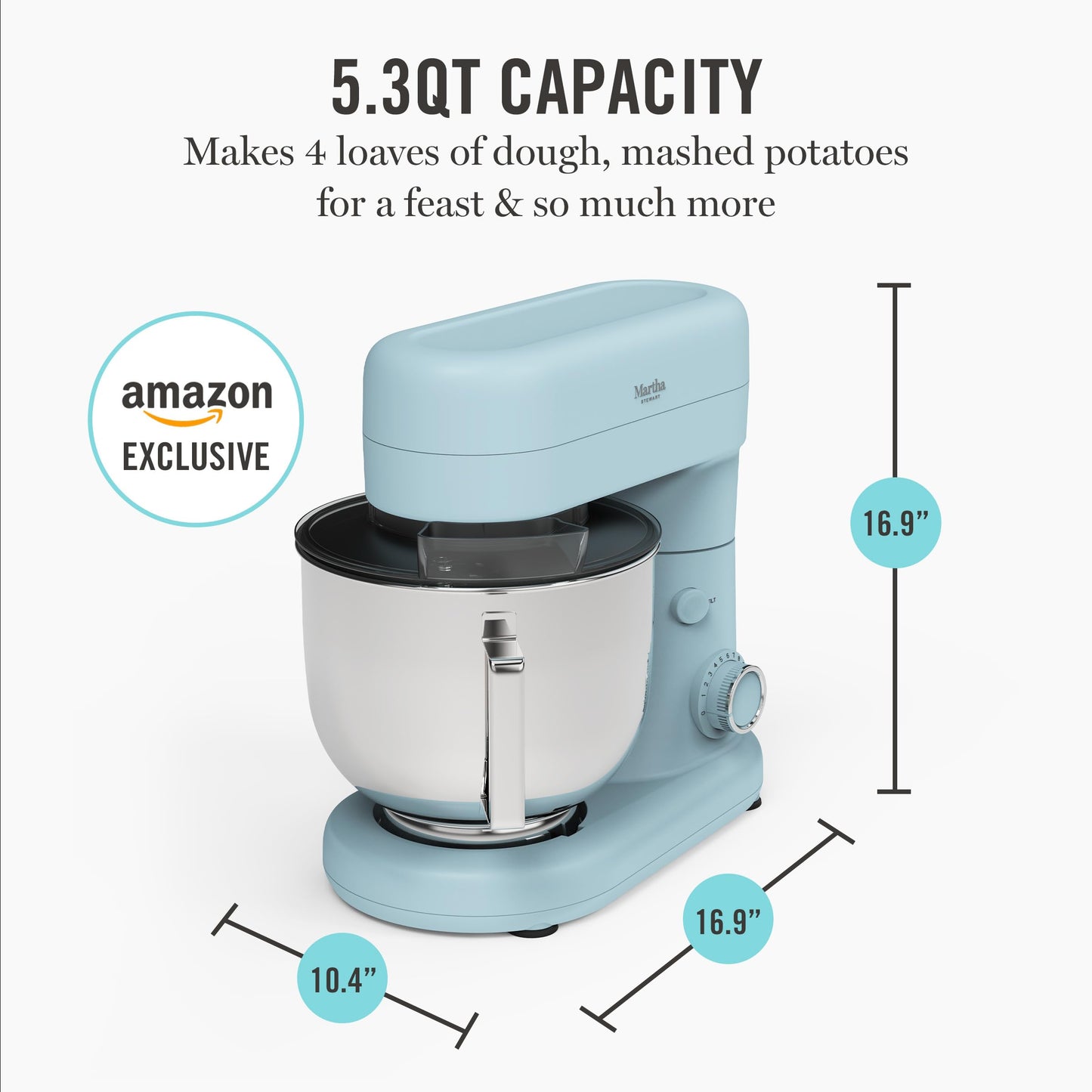 Martha Stewart Tilt-Head Stand Mixer, 12 Speed, 5.3QT Stainless Steel Bowl, Splash Guard with Pour Chute, Whisk, Dough Hook, Flat Beater, Electric Kitchen Baking Mixer, Bread, Cake, Whip, Sky Blue