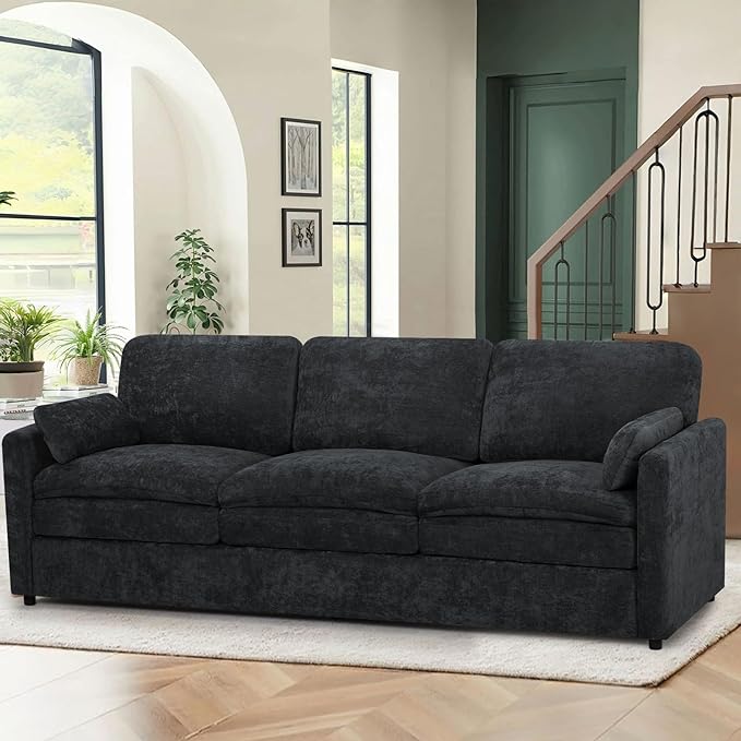 ACMEASE 89” Chenille Sofa w/Two Arm Pillows, Upholstered 3 Seater Sofa w/Comfortable Back Cushions, Modern 3 Seats Couch w/High-Density Foam for Living Room, Apartment, Office, Black