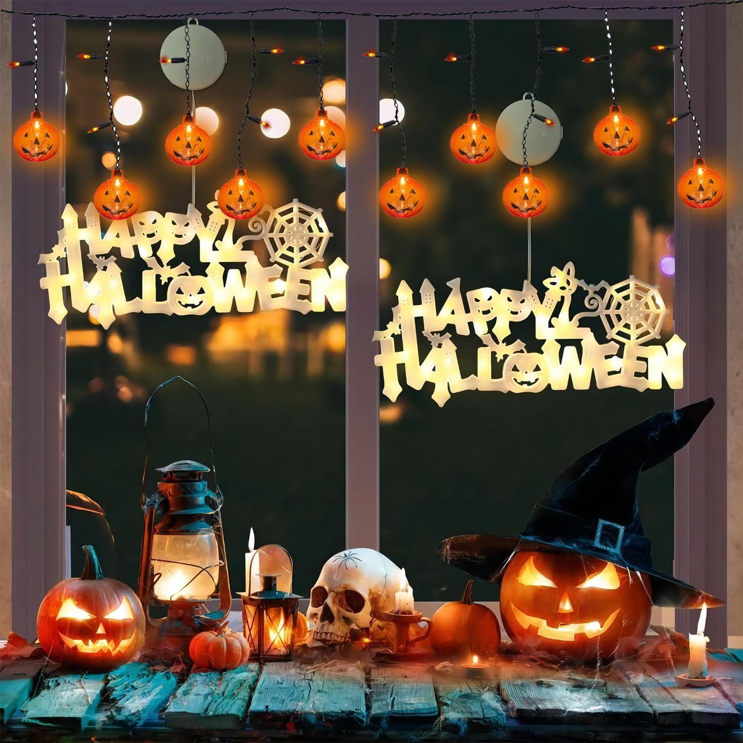 Halloween Pumpkin String Lights, Indoor Curtain With 10 Jack-O'-Lanterns and 25 Mini LED Bulbs, Plug-in for Outdoor Party Bedroom Window