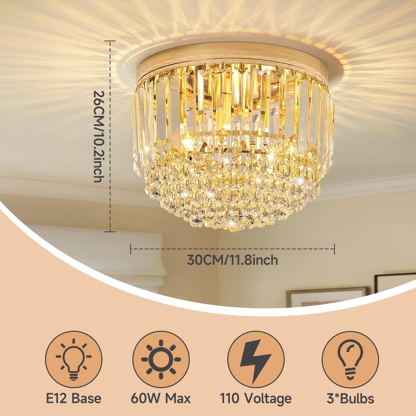 YMP&YZX Modern 3-Lights Crystal Chandelier French Gold,11.8" Semi Flush Mount Crystal Ceiling Light LED Round Chandelier Light E12 Base for Bedroom Living Room
