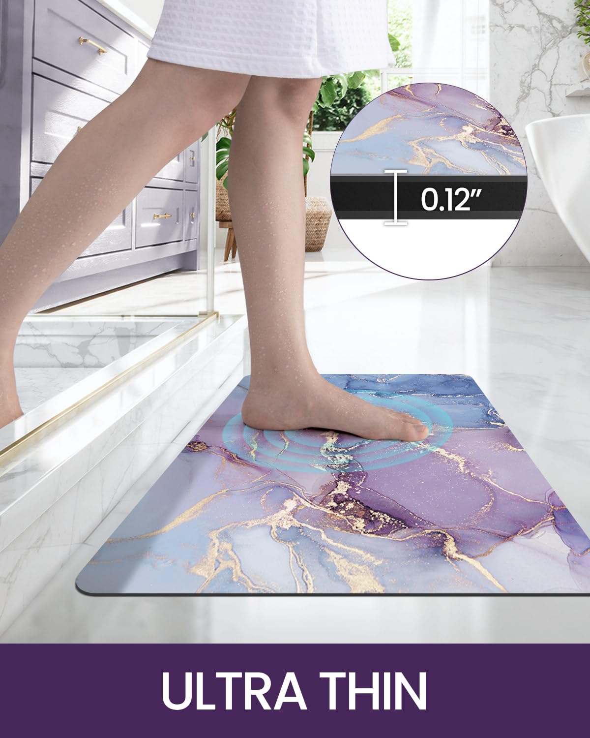 DEXI Bathroom Mat Ultra Thin, Non Slip Bath Rug for Shower Floor, Absorbent Quick Dry Marble Bathmats Low Profile, 16x24, Blue and Purple