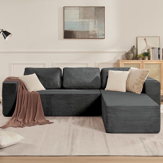 Furnify 106" Cloud Sectional Couch, Left/Right Facing Convertible Sofa with Deep Seat, L-Shape Modular Upholstered Foam Couch for Living Room Bedroom, No Assembly Required (Corduroy Fabric, Grey)