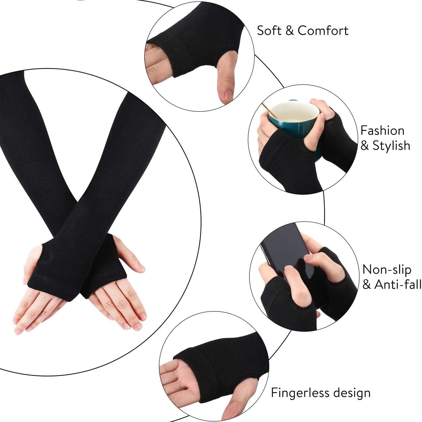 SATINIOR 6 Pairs Long Fingerless Gloves for Women Knit Thigh High Striped Arm Warmer Thumb Hole Stretchy Gloves(Multi-color)
