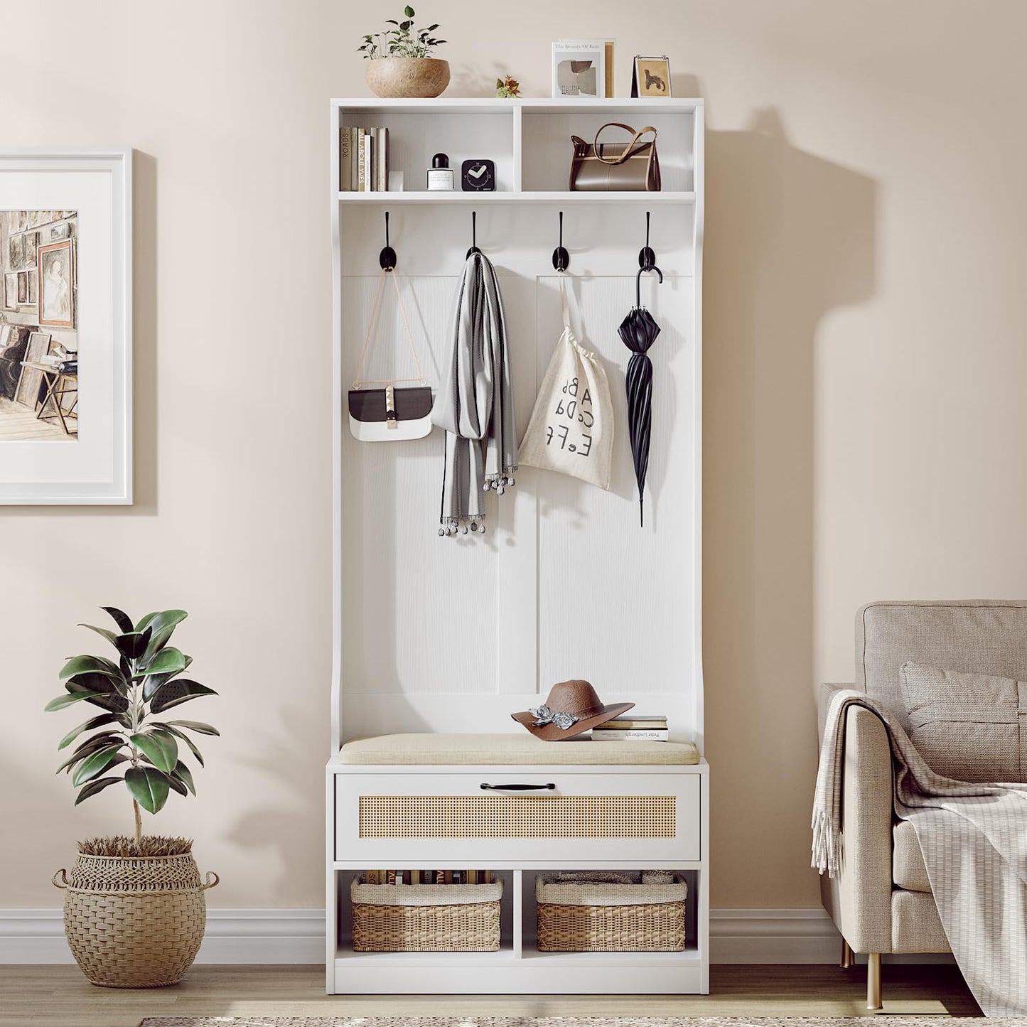 Skokliz Hall Tree with Bench & Shoe Storage - Entryway Coat Rack with 6 Compartments, 4 Hooks & Rattan Door, Soft Cushion Shoe Bench for Hallway, Living Room & Mudroom, White