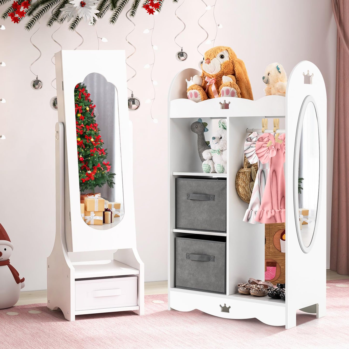 CHEFJOY Kids Jewelry Armoire Cabinet, Children Dressing Organizer with Mirror Full-Length & 3 Storage Drawers, Free Standing Princess Make Up Vanity for Girls Room, Bedroom (White)