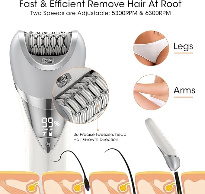 Epilator for Women, 7 in 1 Hair Removal Epilator, Electric Shaver for Women, Facial Brush, Face Massage and Body Exfoliator, IPX6 Waterproof Lady Razor for Whole Body.
