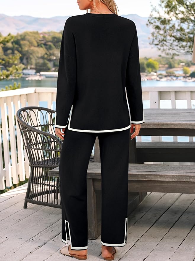 LILLUSORY Women Fall 2 Piece Lounge Set Outfits Sweatsuits Long Sleeve Sweater Tops Wide Leg Pants