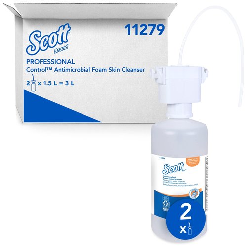 Scott Professional Antimicrobial Foam Skin Cleanser (11279), 1.5 L, Foaming, Clear, No Fragrance Added, Counter-Mount Hand Soap Refills, 0.1% Benzalkonium Chloride, (2 Bottles)