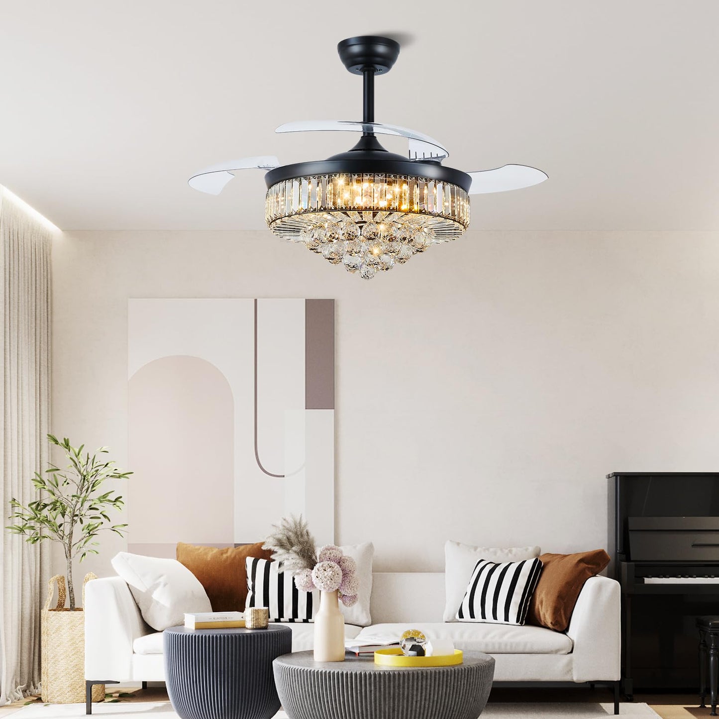 Asyko 48" Black Crystal Chandelier Ceiling Fans with Lights, Modern Retractable Blade Ceiling Fan Light with Remote and APP, Dimmable 3 Light Colors and Reversible Quiet DC Motor