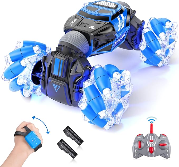 Gesture RC Car, Gesture Sensing RC Stunt Car Toys with Lights & Dance for Kids 6-12 yr, 2.4GHz 4WD Hand Remote Control with Lights Music, Off-Road 360° Rotation Drift for Birthday Toy Gifts-(BLUE)