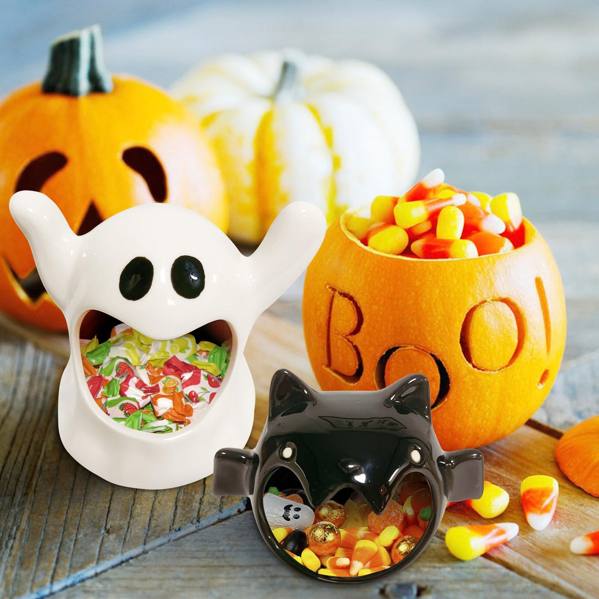 Jremreo 2 Pack Halloween Candy Bowls, 4 Inch Ceramic Ghost and 6.3 Inch Bat Holders, Trick or Treat Dish Candle Holder for Tiered Tray, Ornament Tableware Centerpieces, Gifts and Party Decorations