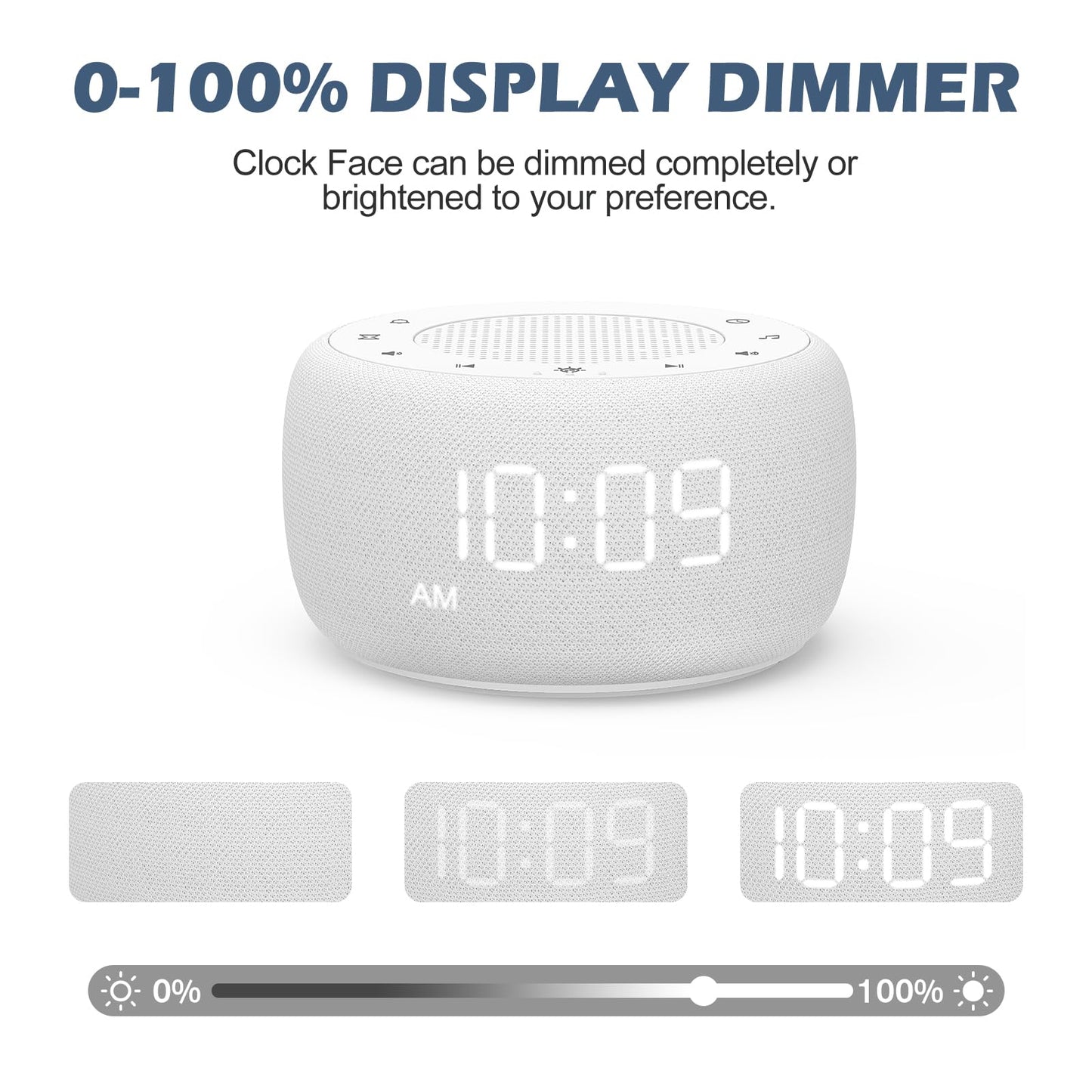 Buffbee Sound Machine & Alarm Clock 2-in-1, 0-100% Clock Face Brightness, Bottom Colored Light, Sleep Timer, Precise 30-Level Volume Control White Noise Machine - White