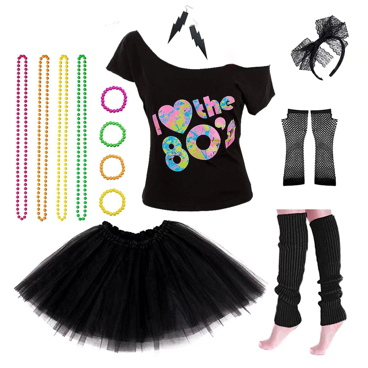Women's 80's Costumes with Accessories Set Black Tutu Skirt Earrings Necklace Bracelets Fishnet Gloves Legwarmers Headband Medium(6-8) …