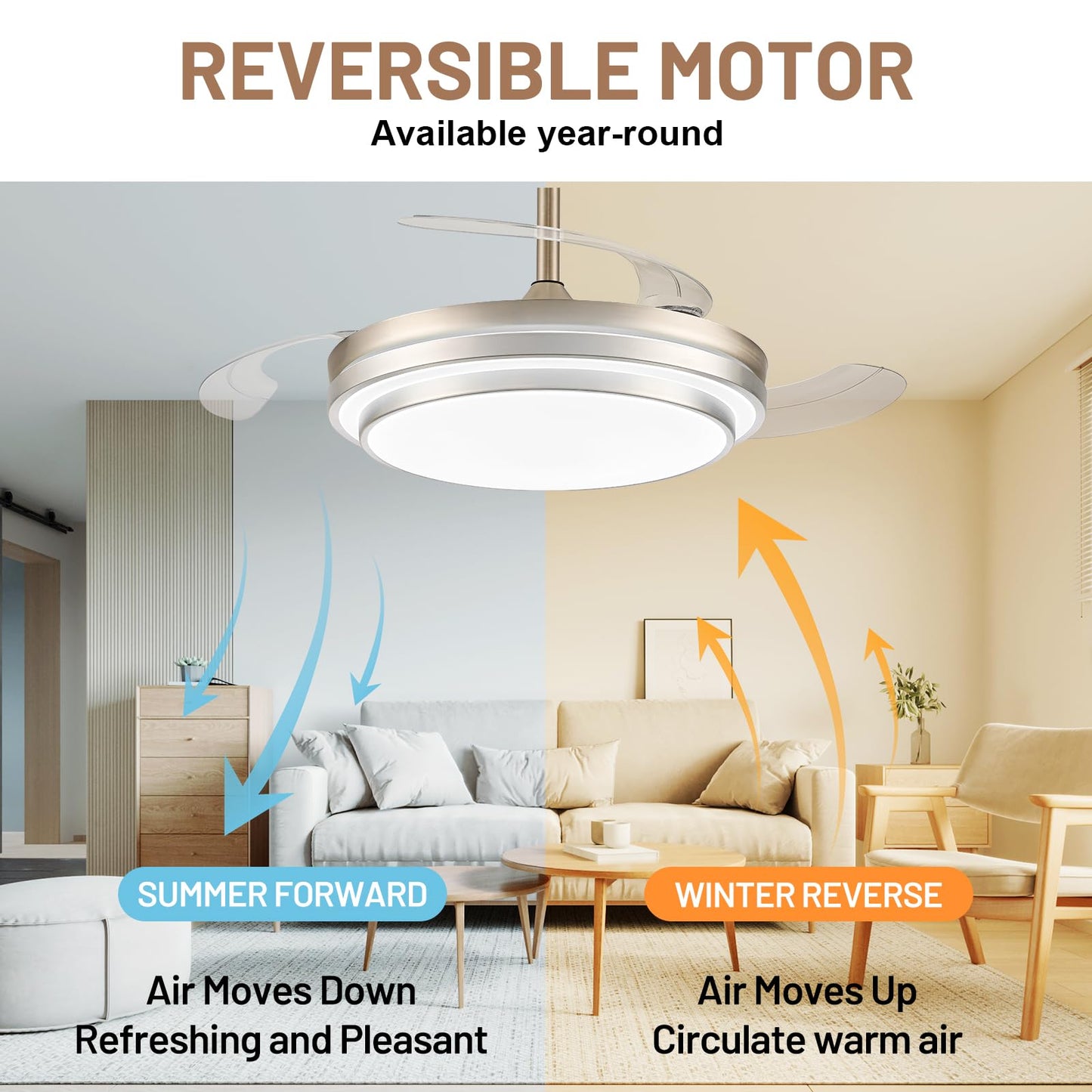 48 Inch Fandelier Ceiling Fan with Light,Modern Retractable Ceiling Fan with Lights and Remote/APP;6Speed,Silent Reversible Motor,Timer,Chandelier Fan for Bedroom/Living Room(Brushed Nickel)