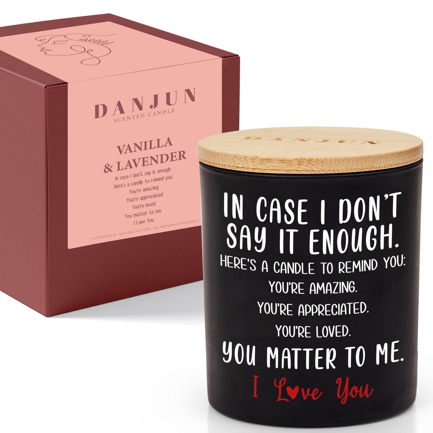 DANJUN Mother's Day Candle - Anniversary or Wedding Gift for Women - Romantic Gifts for Girlfriend & Boyfriend - Wooden Base & Gift Box Included - Vanilla & Lavender Scented - 10oz