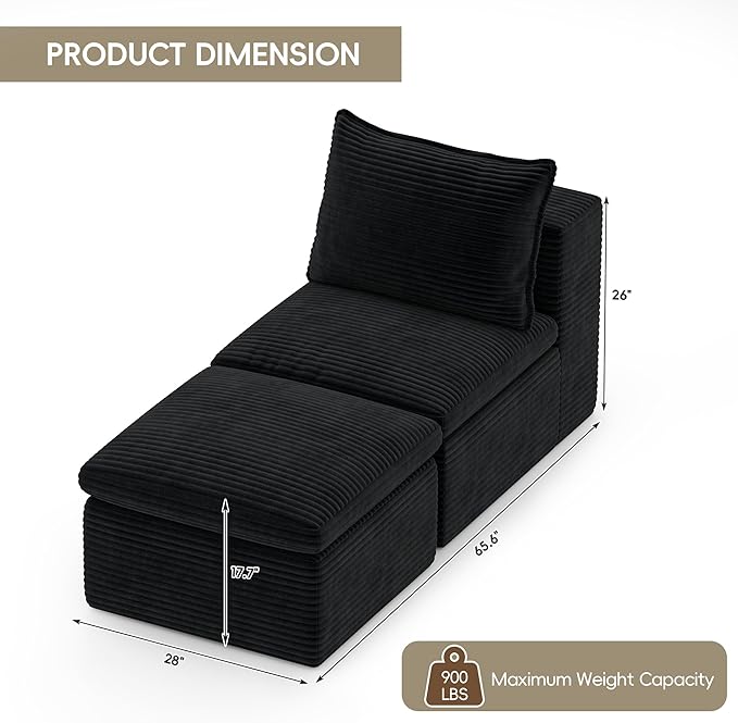 Buytime 65.6" Chaise Lounge Chair Indoor, Boneless Upholstered Sofa Bed, Corduroy Comfy Sleeper Chair for Living Room and Bedroom, Black