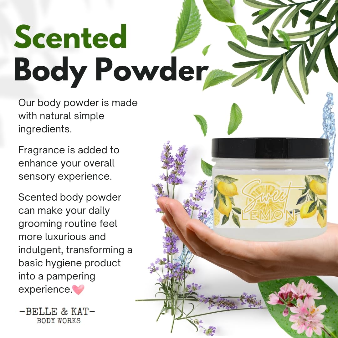 Body Powder for Women & Men Scented Sweet Lemon, Perfume Dusting Powder, Bath Powder with Fragrance & Essential Oils, Talc-Free 10oz Container with Lid, Made in USA