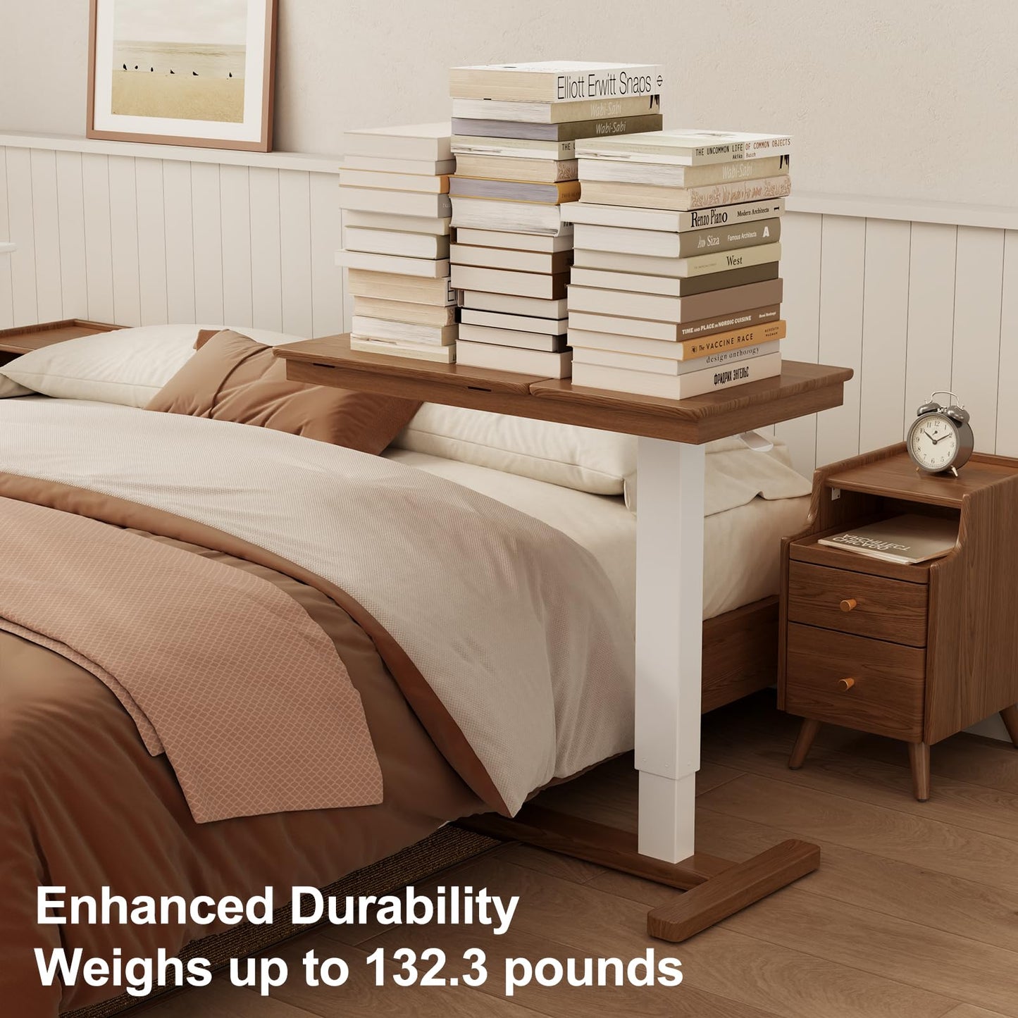 Muwuele Solid Wood Overbed Bedside Table with Wheels, Adjustable Medical Tilt Top Hospital Bed Table Over The Bed, Rolling Laptop Desk, Mobile Standing Desk for Hospital and Home Use (Walnut)