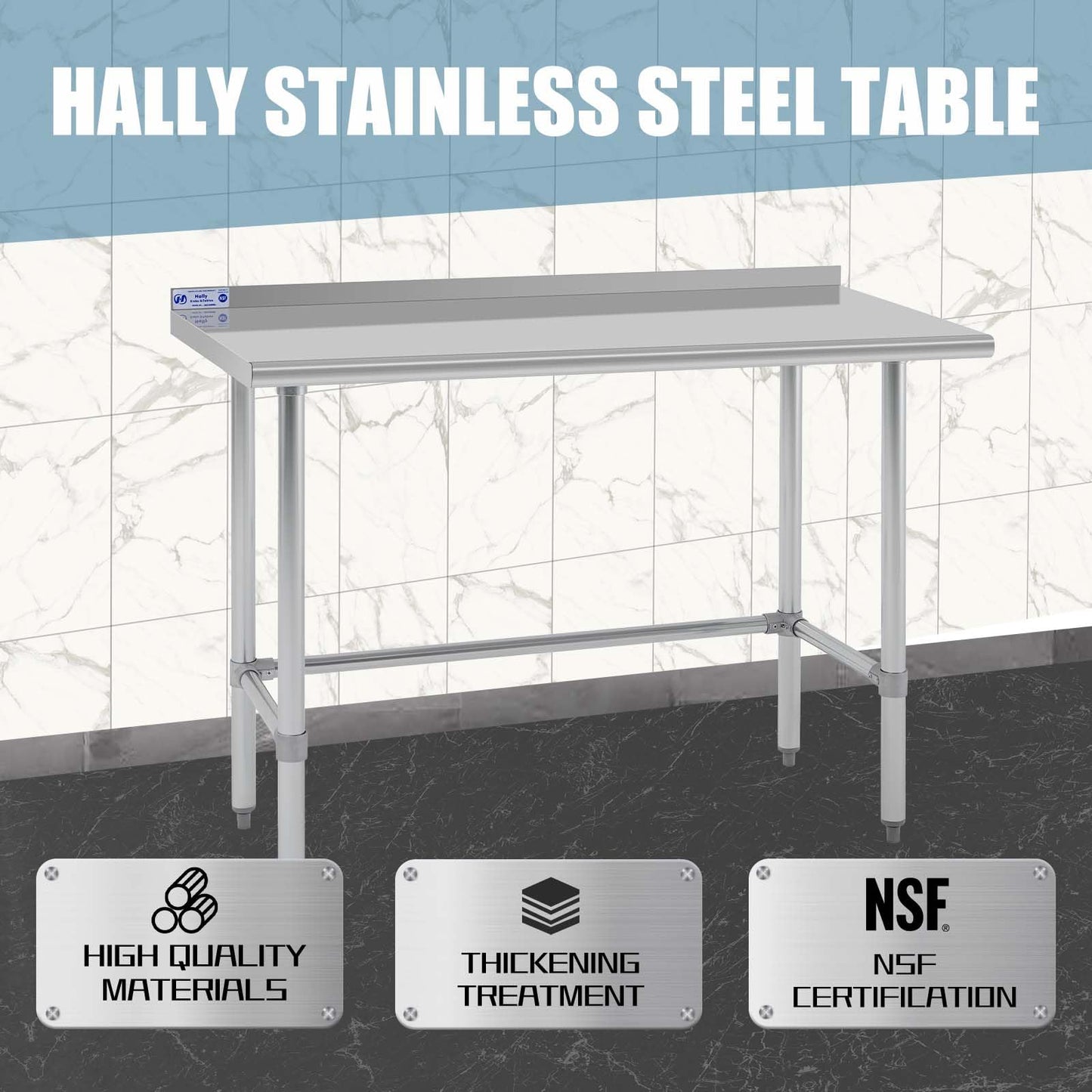 Hally Open Base Stainless Steel Table 24 x 48 Inches, NSF Commercial Heavy Duty Prep & Work Table with Backplash and Galvanized Legs for Restaurant, Home and Hotel