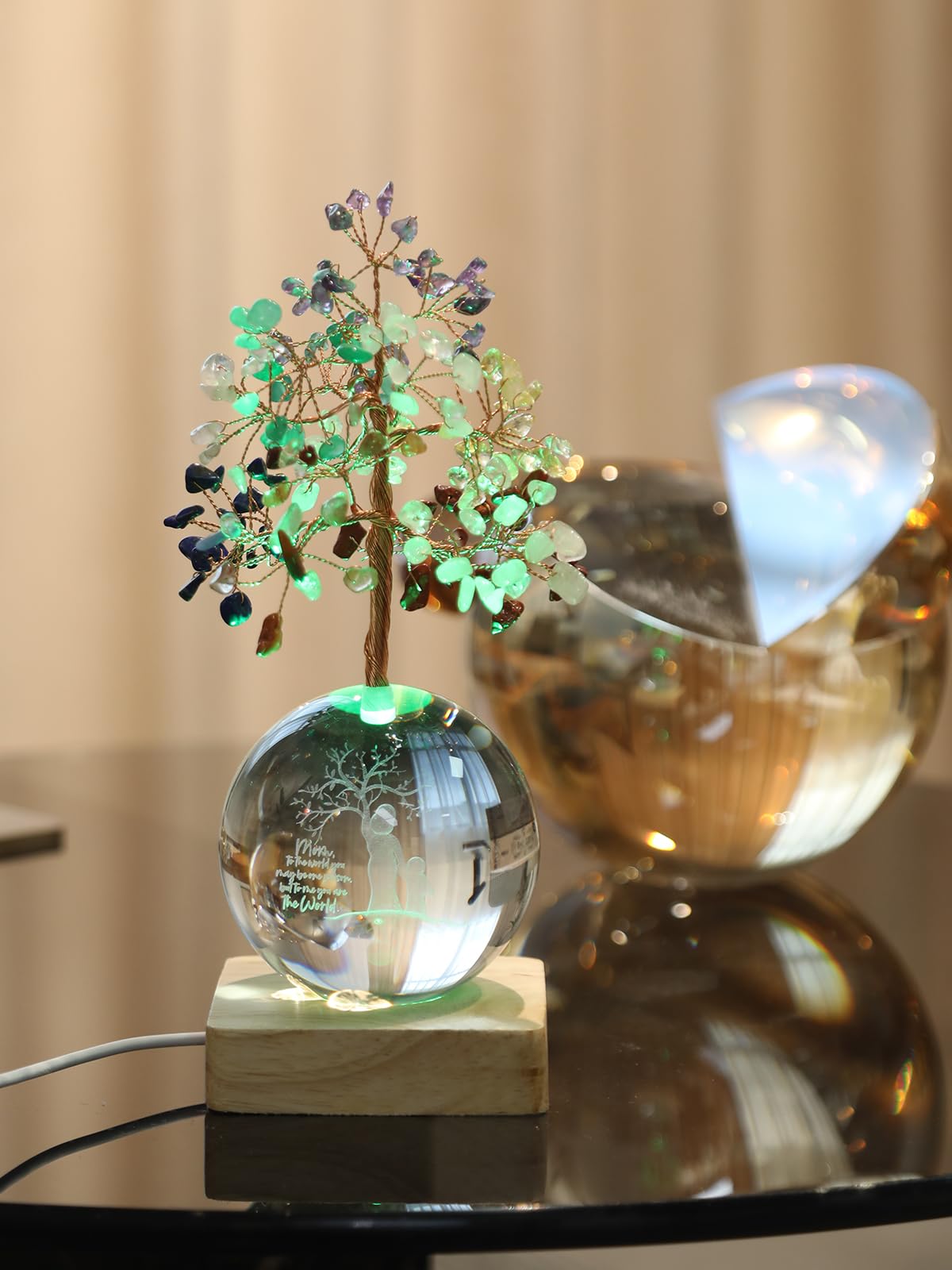 FOLKOR LIFE Chakra Tree Gift for Mom Women Birthday Mother’s Day, 3D Mom Kid Figurines Night Light Crystal Ball for Meditation Relaxation, Spiritual Tree Feng Shui Decor for Home Office Shelf Desk
