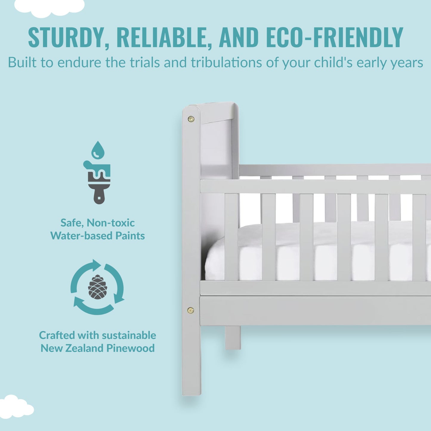 Dream On Me Brookside Toddler Bed In Pebble Grey, Greenguard Gold /JPMA Certified, Low To Floor Design, Non-Toxic Finish, Safety Rails, Made Of Pinewood