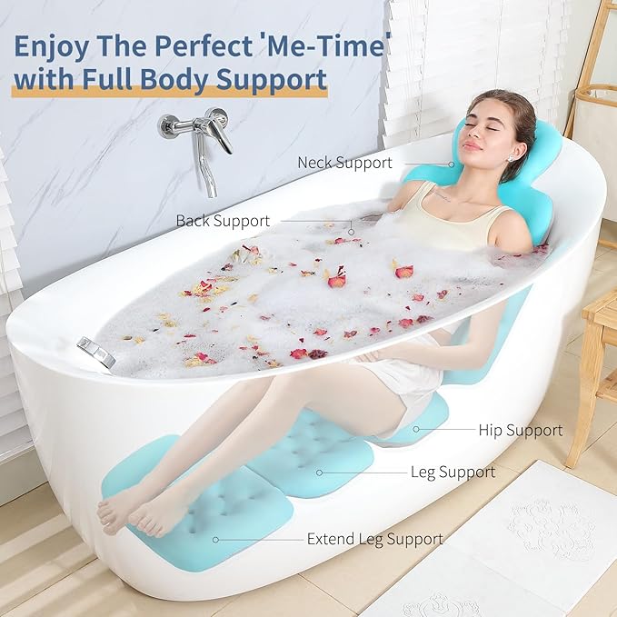 Luxury Bath Cushion, Full Body Bathtub Pillow with 160 Suction Cups, Bath Mat for Head and Neck Support, with Laundry Bag (Blue, 60.2" x 16.2")