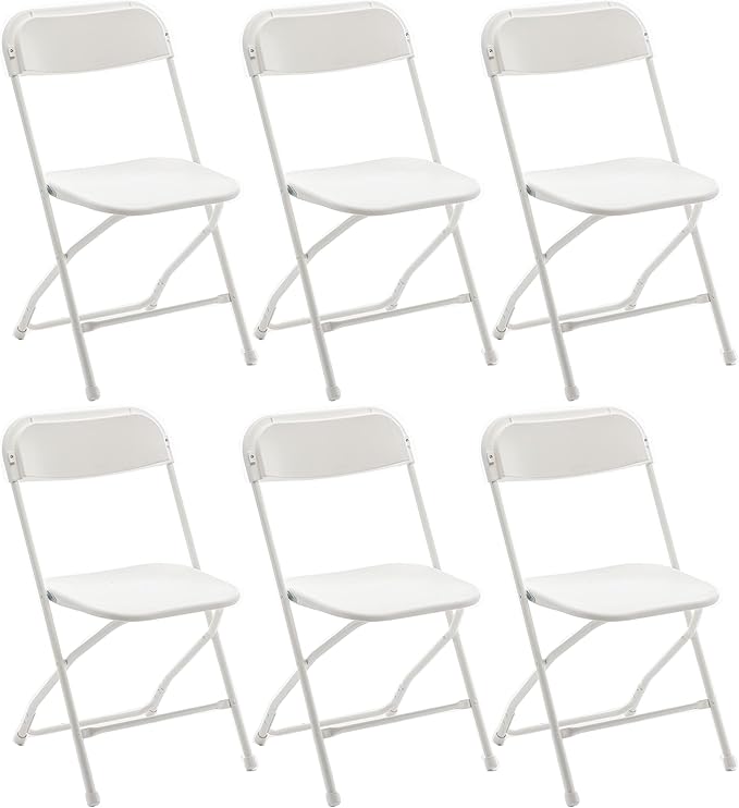 BTEXPERT Set of 6, Indoor Outdoor White Plastic Folding Chairs Stacking Steel Frame Commercial 650LB Weight Capacity Seating Home Yard Garden Wedding Event Party Picnic Dining Church School Portable