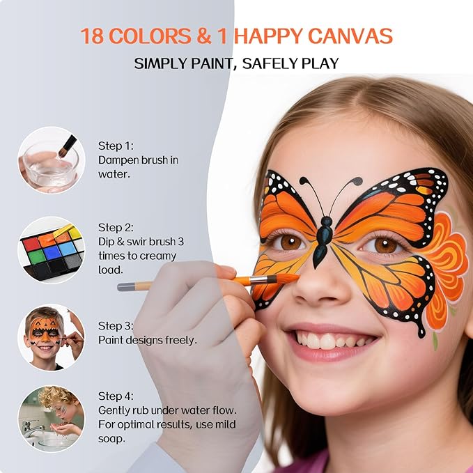 Face Paint Body Paint Kit for Kids Adults-Washable 18 Colors Face Painting Kit with 10 Brushes, Non-Toxic, Skin Safe, Water-Activated for Halloween Makeup Cosplay Costume Party