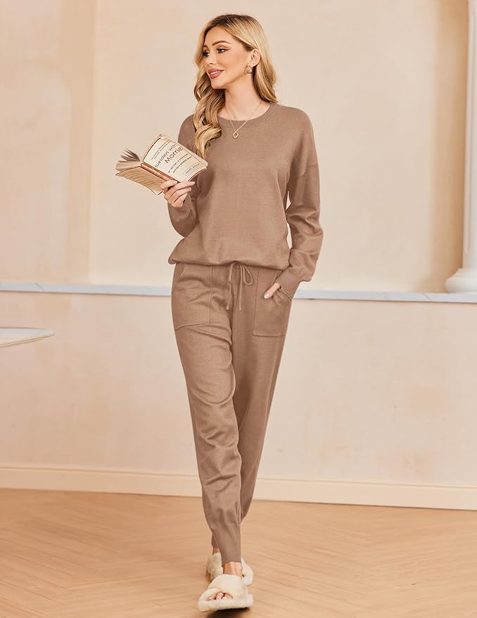 Ekouaer Women's 2 Piece Lounge Set Long Sleeve Knit Pajamas Sweatsuit Jogger Pant Outfits With Pockets S-XXL