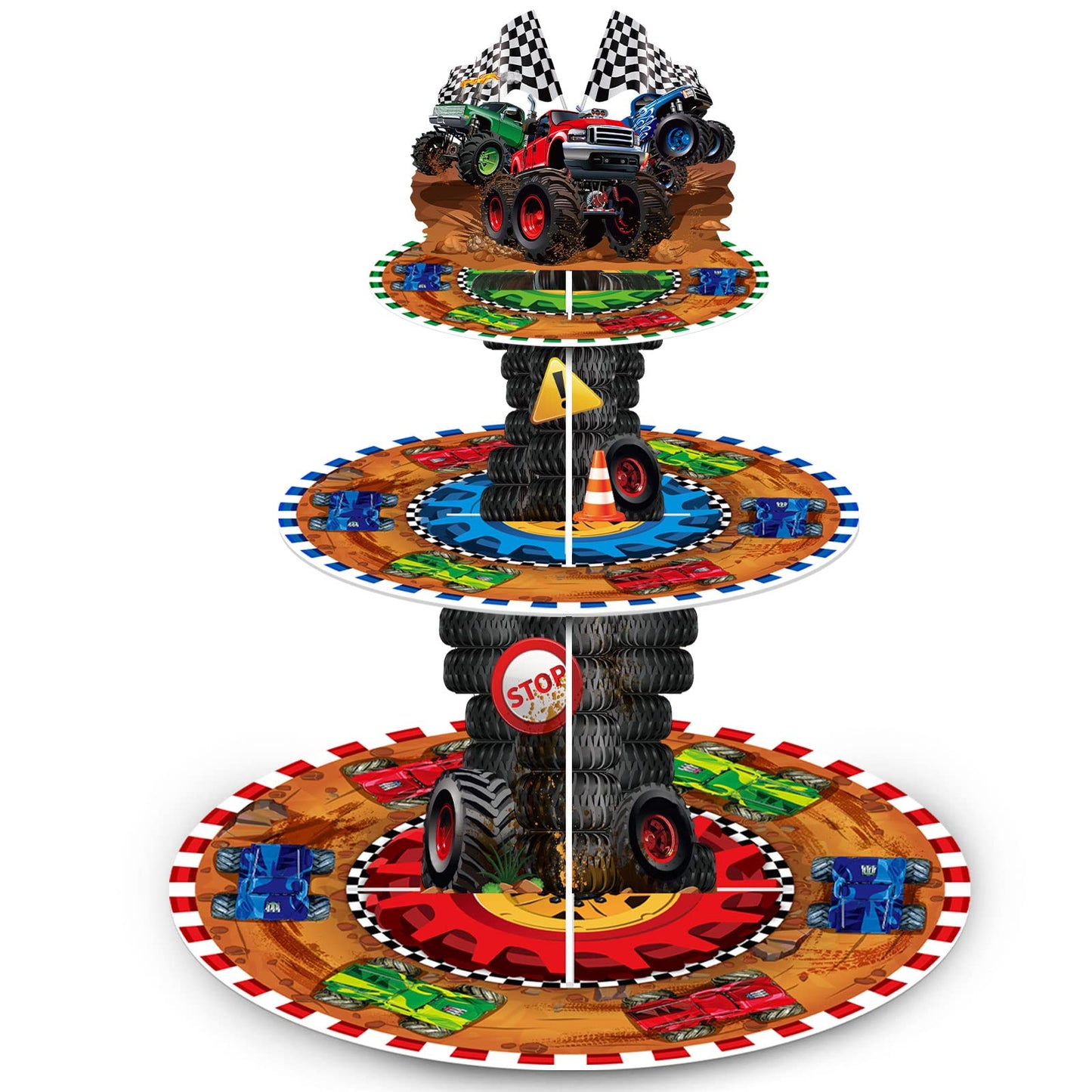 Sunnyray 3 Tier Truck Party Decorations Cupcake Stand Race Car Cupcake Tower Favors Racing Truck Party Dessert Holder Car Theme Dessert Stand for Kids Boys Race Car Birthday Supplies