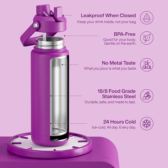 ENCOOL Insulated Water Bottle with Straw Stainless Steel Water Bottle, Leak-Proof, BPA-Free, Double Wall Vacuum Keeps Cold for 24 Hours for Sports, Travel, School (32 oz, Bright Magenta)