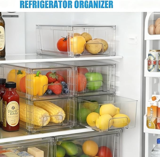 2 Pack Stackable Storage Drawers,Plastic Organizers Bins, Drawers Storage with Handles and Movable Dividers for Organization and Storage in Fridge,Dressers, Pantry, Kitchen Cabinets, Under Sink