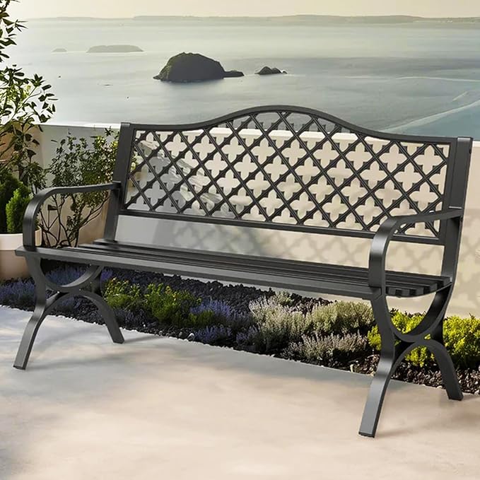 PHI VILLA 50" Garden Metal for Outdoors Weatherproof 2-Person Steel Furniture for Garden, Patio, Porch, Black