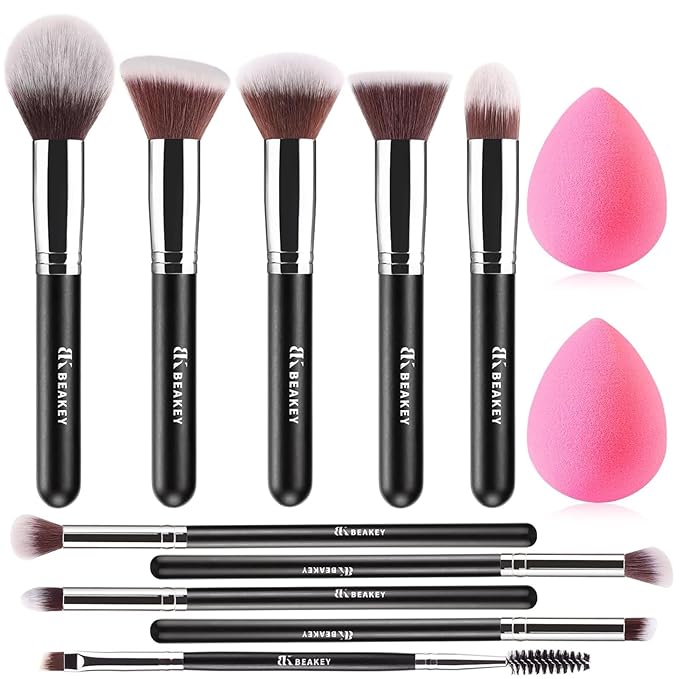 BEAKEY Makeup Brushes Set, Professional Foundation Eyeshadow Concealer Blush Powder Bronzer Applicator, 2 Blender Sponge with Beauty Paper Case,Stocking Stuffers