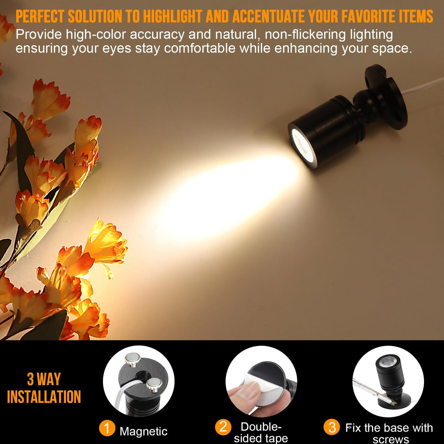 Taysing LED Spot Light Indoor Little Mini Spotlight Accent Lights for Display, Paintings, Pictures, Plants, Jewelry, Shelves, Cabinets, Posters, Showcase(SoftWhite 6 Pack Dimming&Timing)