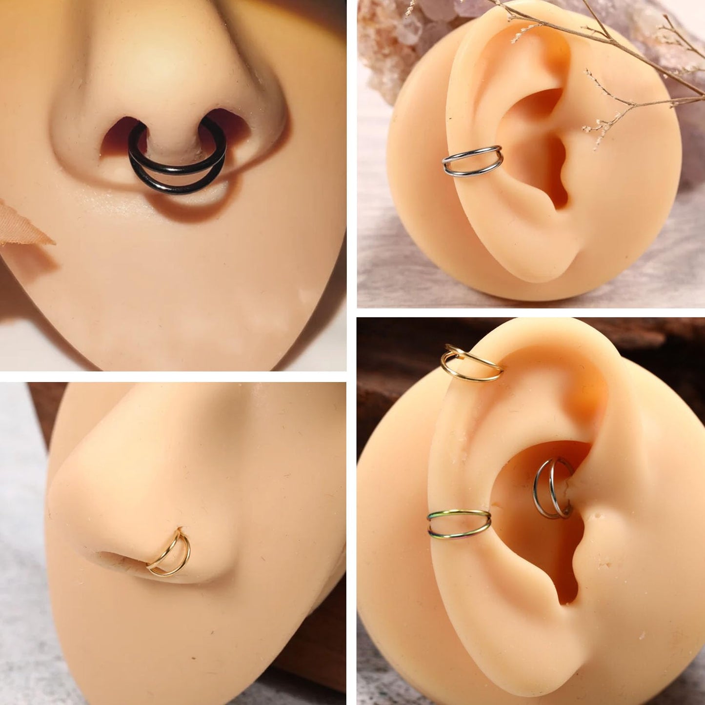 PEAKLINK 18G Double Open Stacked Cartilage Daith Conch Helix Earring Hoop 316L Surgical Steel Septum Nose Rings 8mm Lobe Earring