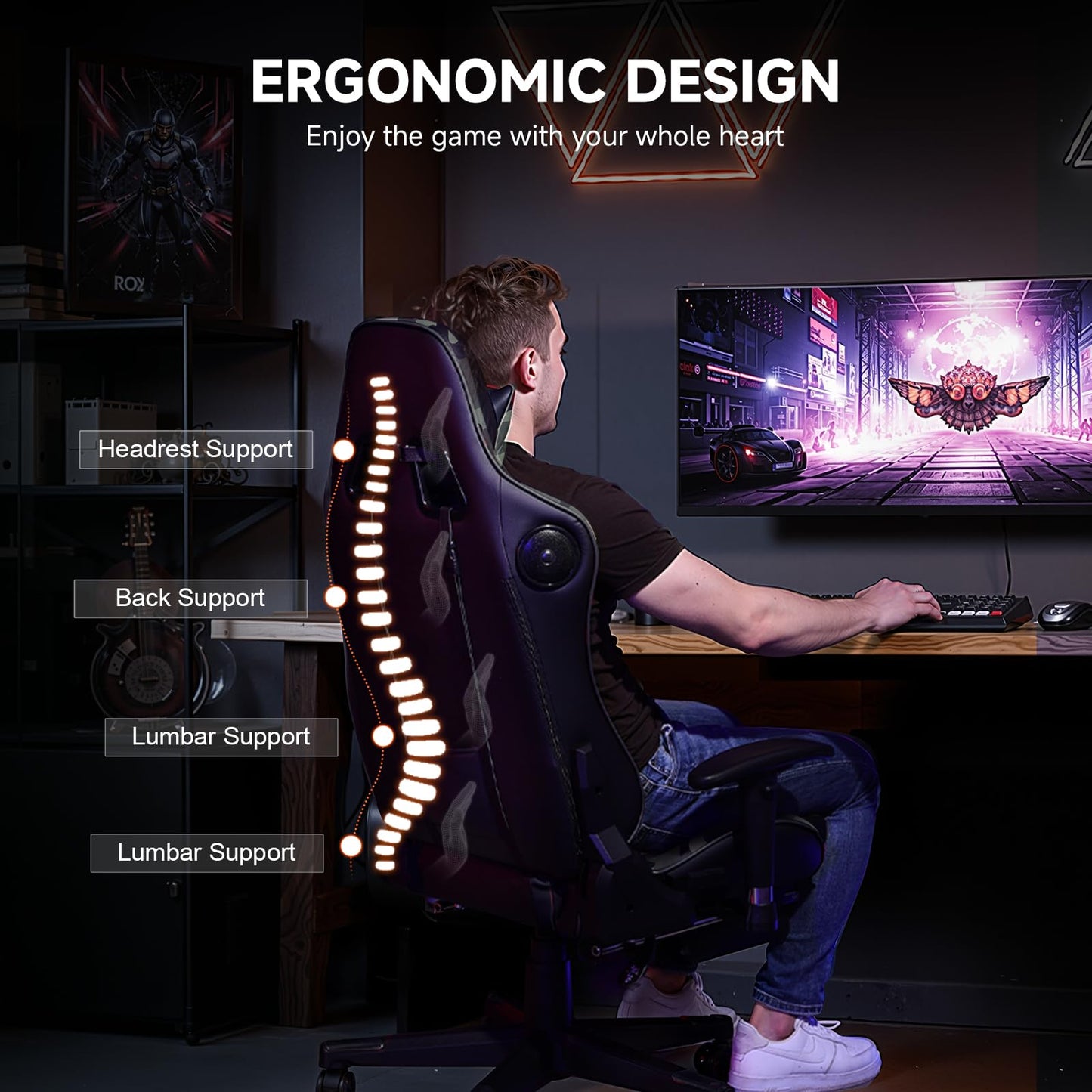 GTPLAYER Gaming Chair,Gamer Chair with Bluetooth and Adjustable Backrest,Seat Height Adjustable Computer Chairs with 3D Armrests,Video Game Chair with Footrest Speakers (Camouflage)