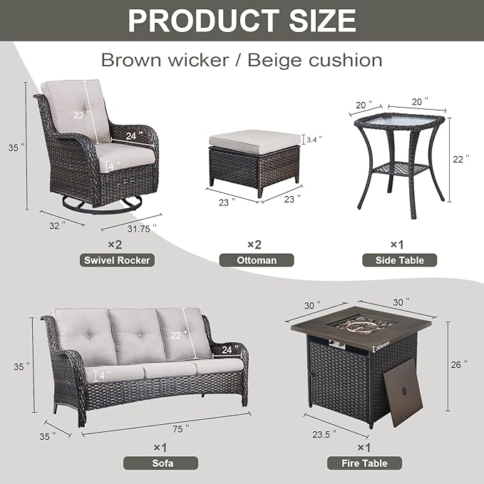 Belord Outdoor Patio Furniture Set with Propane Fire Pit Table, 7 Pieces Wicker Patio Conversation Set with 2 Swivel Glider Rocker Chair Rattan Sofa Beige Cushion Perfect for Casual Gathering