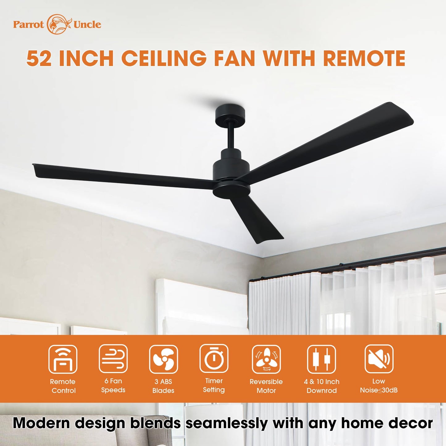 Black Ceiling Fans Without Lights, 52 Inch Ceiling Fan No Light For Bedroom, Industrial Outdoor Ceiling Fans For Patios, Remote